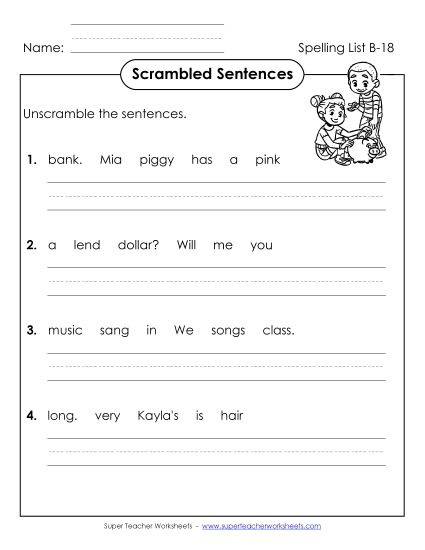 Worksheets - Scrambled Sentences (B-18) (Printable PDF Worksheet)