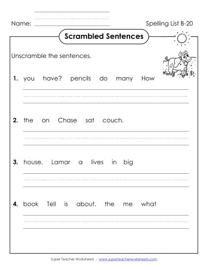 Worksheets - Scrambled Sentences (B-20) (Printable PDF Worksheet)