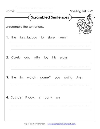 Worksheets - Scrambled Sentences (B-22)  (Printable PDF Worksheet)