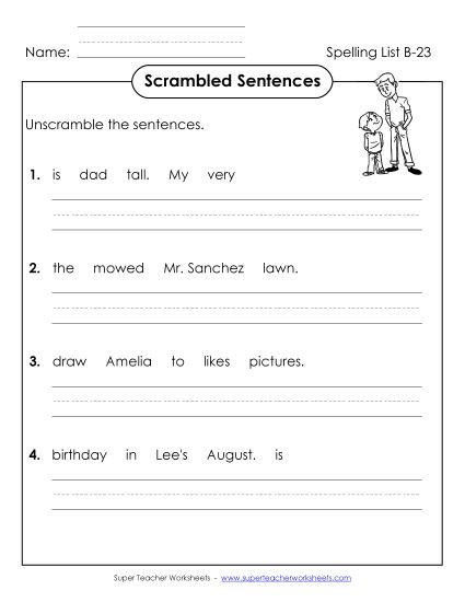 Worksheets - Scrambled Sentences (B-23) (Printable PDF Worksheet)