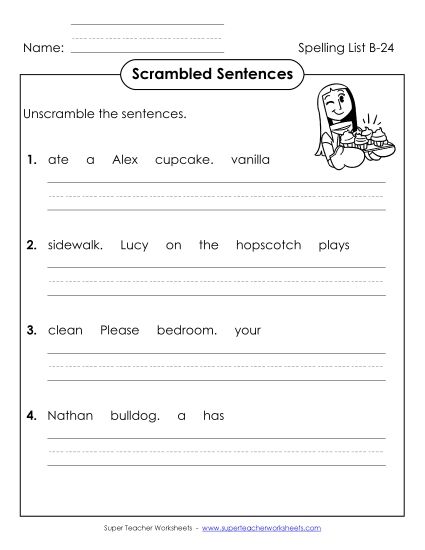 Worksheets - Scrambled Sentences (B-24) (Printable PDF Worksheet)