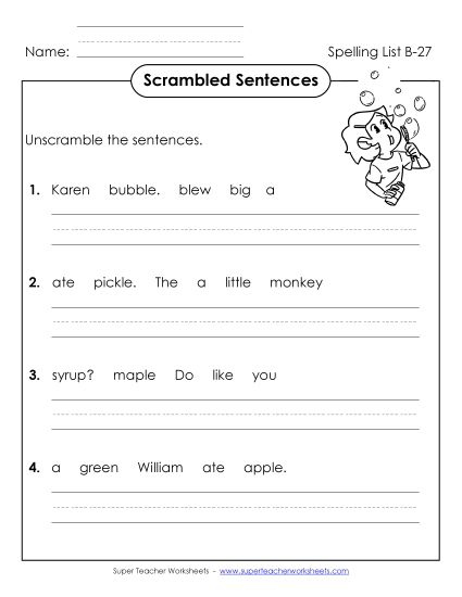 Worksheets - Scrambled Sentences (B-27) (Printable PDF Worksheet)