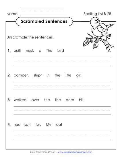 Worksheets - Scrambled Sentences (B-28) (Printable PDF Worksheet)