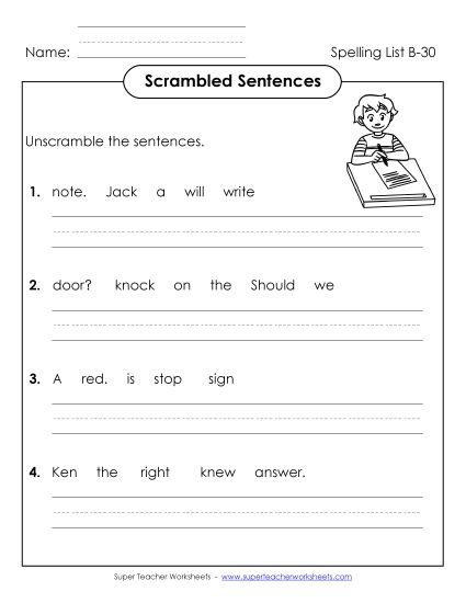 Worksheets - Scrambled Sentences (B-30) (Printable PDF Worksheet)