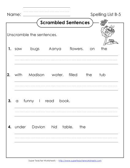 Worksheets - Scrambled Sentences (B-5) (Printable PDF Worksheet)
