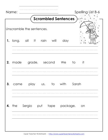 Worksheets - Scrambled Sentences (B-6) (Printable PDF Worksheet)