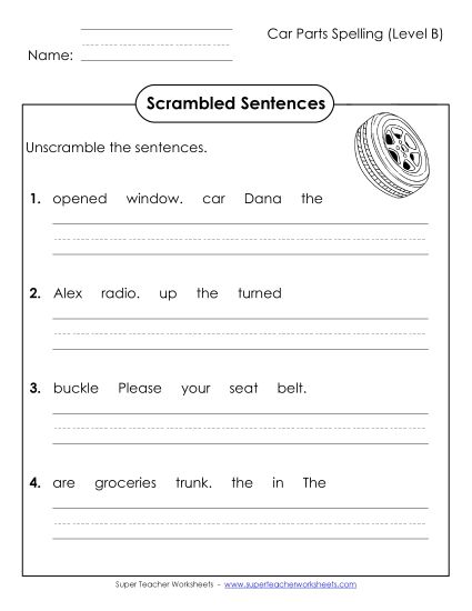 Worksheets and Activities - Scrambled Sentences (B-Car Parts)  (Printable PDF Worksheet)