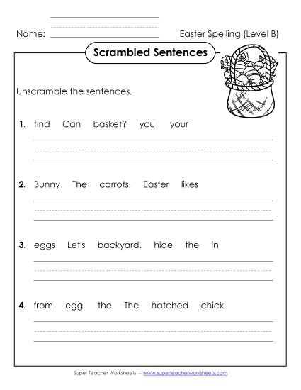 Worksheets - Scrambled Sentences (B-Easter)  (Printable PDF Worksheet)