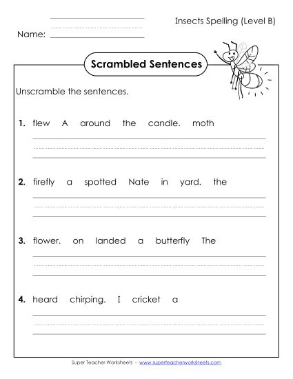 Worksheets and Activities - Scrambled Sentences (B-Insect Words)  (Printable PDF Worksheet)