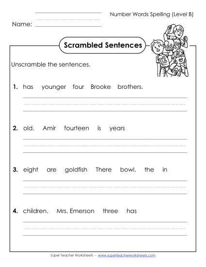 Worksheets and Activities - Scrambled Sentences (B-Number Words)  (Printable PDF Worksheet)