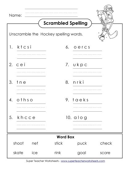 Worksheets and Activities - Scrambled Spelling Words (A-Hockey Words)  (Printable PDF Worksheet)