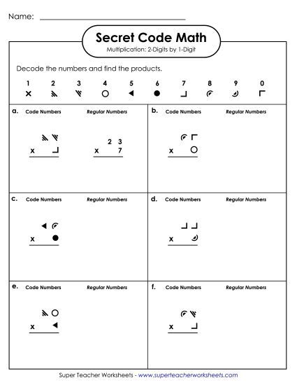 2-Digit Times 1-Digit Worksheets - Secret Code Math: 2 Digits Times 1 Digit (Printable PDF Worksheet)