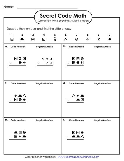 3-Digit Subtraction Worksheets - Secret Code Math: 3-Digit Subtraction (Printable PDF Worksheet)