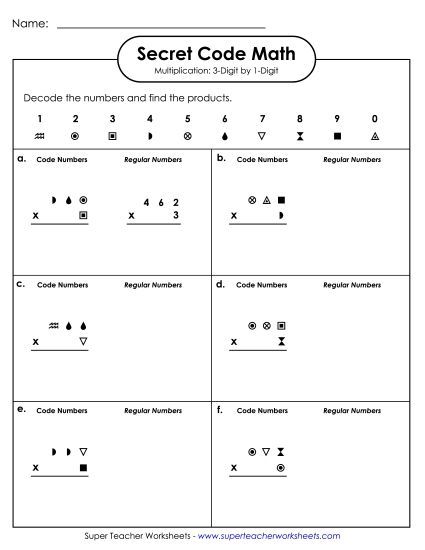 3-Digit Times 1-Digit Printables - Secret Code Math: 3 Digits Times 1 Digit (Printable PDF Worksheet)