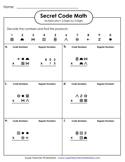 3-Digit Times 2-Digit Worksheets - Secret Code Math: 3 Digits Times 2 Digits (Printable PDF Worksheet)