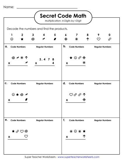 4-Digit Times 1-Digit Worksheets - Secret Code Math: 4-Digit by 1-Digit Numbers (Printable PDF Worksheet)