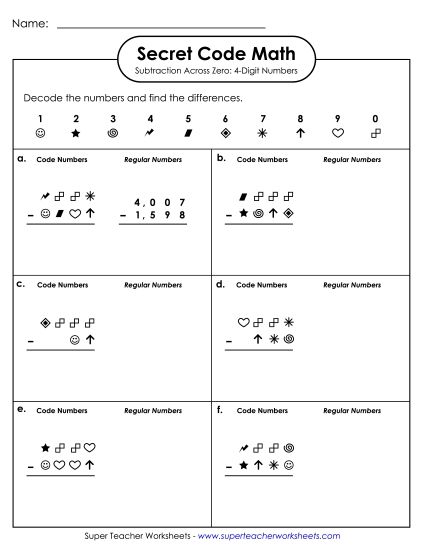 4-Digit Subtraction Worksheets - Secret Code Math: 4-Digit Subtraction Across Zero (Printable PDF Worksheet)