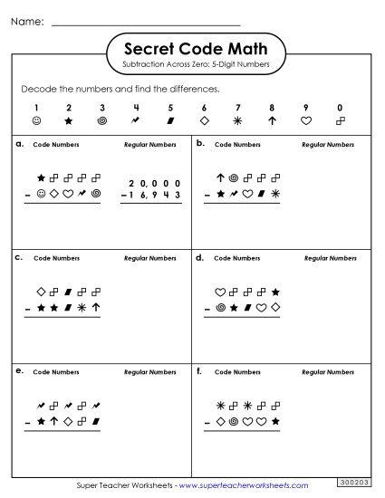 Worksheets - Secret Code Math:  5-Digit Subtraction Across Zero (Printable PDF Worksheet)