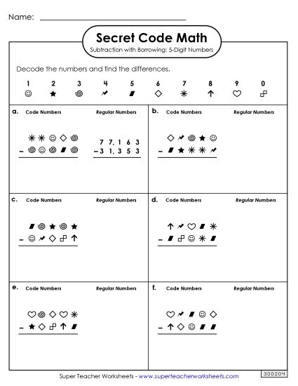 Worksheets - Secret Code Math:  5-Digit Subtraction with Borrowing (Printable PDF Worksheet)