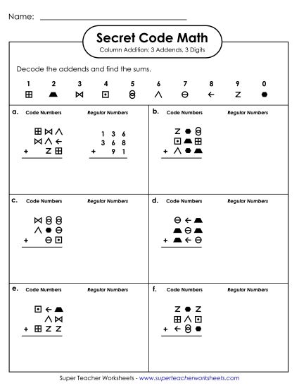 Three-Digit - Secret Code Math Activity 3 Addends, 3 Digits (Printable PDF Worksheet)
