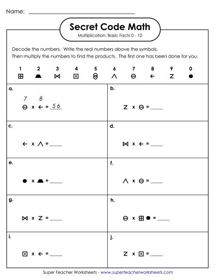 Worksheets and Games - Secret Code Math: Multiplication Basic Facts 0-10 (Printable PDF Worksheet)