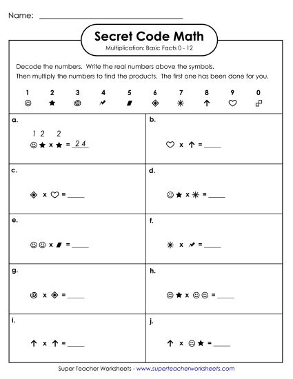 Worksheets, Games, & Task Cards - Secret Code Math: Multiplication Basic Facts 0-12 (Printable PDF Worksheet)