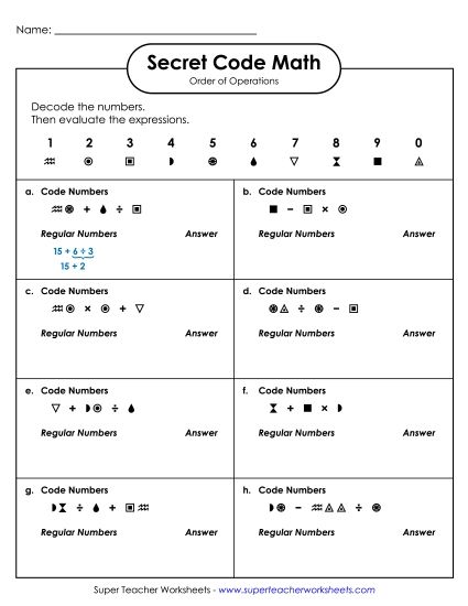 Secret Code Math: Order of Operations (Basic: No Parentheses) (Printable PDF Worksheet)