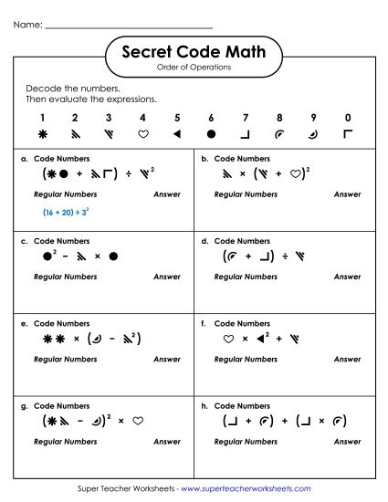 Whole Numbers Only - Secret Code Math: Order of Ops (Parentheses & Exponents) (Printable PDF Worksheet)