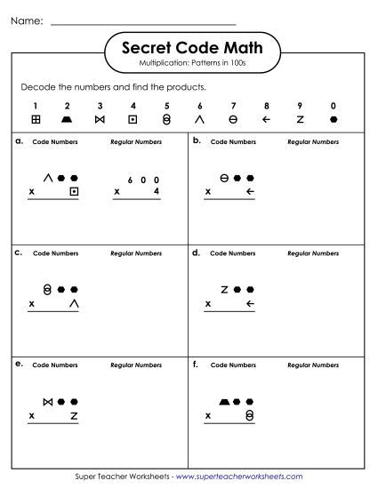 Multiplication Patterns - Secret Code Math: Patterns 3 Digits Times 1 Digit (Printable PDF Worksheet)
