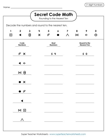 Nearest Ten 2-Digit Numbers - Secret Code Math: Rounding to Nearest 10 (Printable PDF Worksheet)