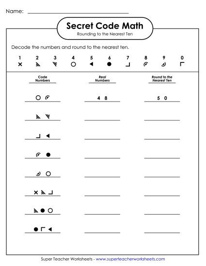 Nearest Ten (2 and 3-Digit Numbers) - Secret Code Math: Rounding to the Nearest Ten (Printable PDF Worksheet)