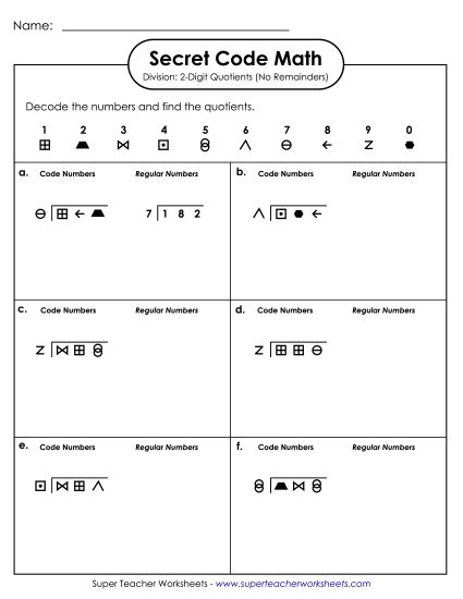 3-Digit Dividends - Secret Code Math:Activity 3-Digit Dividends; 2-Digit Quotients; No Remainders (Printable PDF Worksheet)