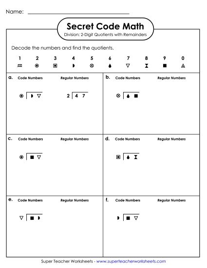 3-Digit Dividends - Secret Code Math:Worksheet 3-Digit Dividends; 2-Digit Quotients; Remainders (Printable PDF Worksheet)