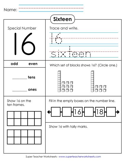 Number Sixteen - Secret Number: Sixteen (Printable PDF Worksheet)