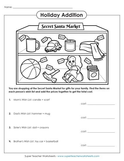 Christmas Addition - Secret Santa Market: Adding Money (Printable PDF Worksheet)