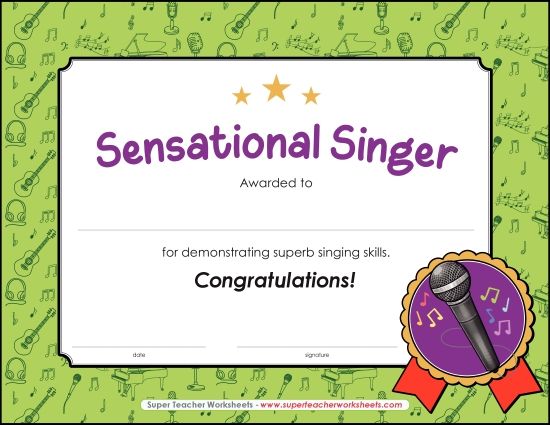 Music Awards - Sensational Singer Certificate  (Printable PDF Worksheet)