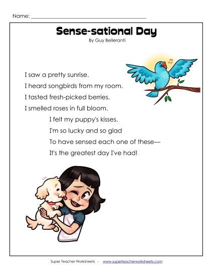 Reading Comprehension - Sense-sational Day (Poem)  (Printable PDF Worksheet)