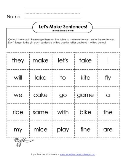 Build Sentences - Sentence Building Cards (Silent E) (Printable PDF Worksheet)