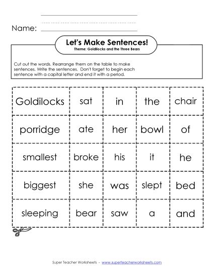 Building Sentences - Sentence Cards: Goldilocks and the 3 Bears (Printable PDF Worksheet)