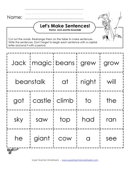 Building Sentences - Sentence Cards: Jack and the Beanstalk (Printable PDF Worksheet)