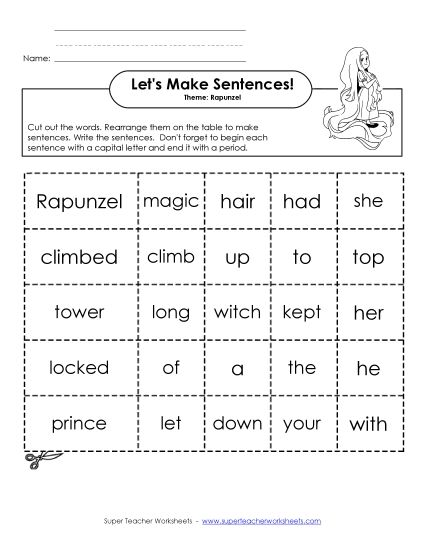 Building Sentences - Sentence Cards: Rapunzel (Printable PDF Worksheet)
