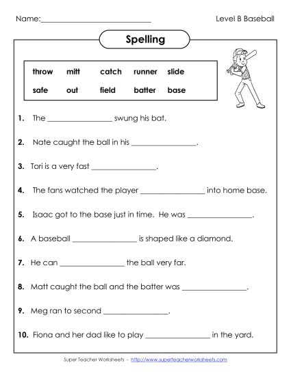 Worksheets and Activities - Sentence Completion (B-Baseball)  (Printable PDF Worksheet)
