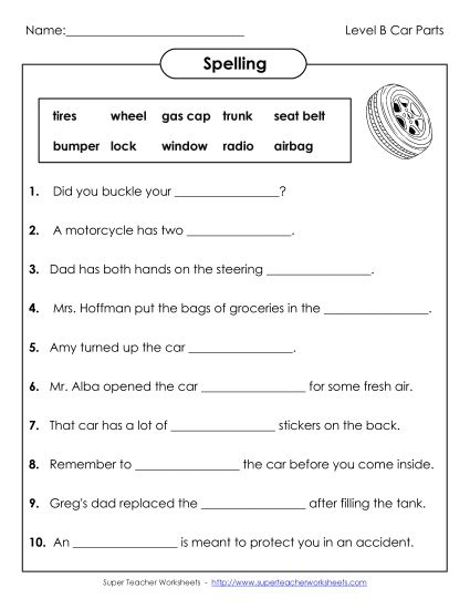 Worksheets and Activities - Sentence Completion (B-Car Parts)  (Printable PDF Worksheet)