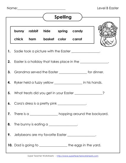 Worksheets - Sentence Completion (B-Easter)  (Printable PDF Worksheet)