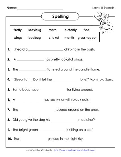 Worksheets and Activities - Sentence Completion (B-Insect Words)  (Printable PDF Worksheet)