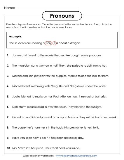 Basic Pronouns - Sentence Pair Pronouns (Printable PDF Worksheet)