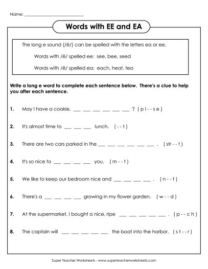 Sentences: EE and EA (Printable PDF Worksheet)