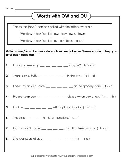 Sentences: OU and OW (Printable PDF Worksheet)