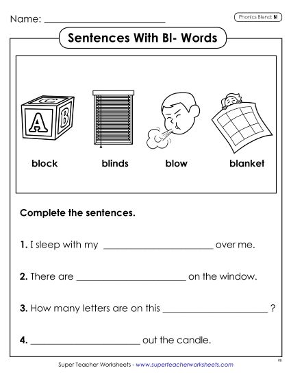 Worksheets - Sentences with BL Words  (Printable PDF Worksheet)