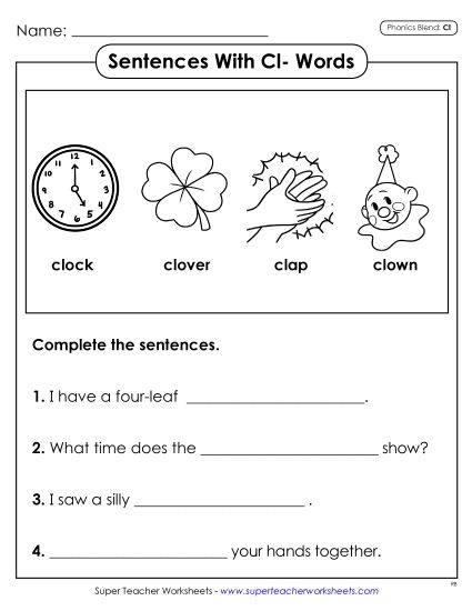 Worksheets - Sentences with CL- Words (Printable PDF Worksheet)
